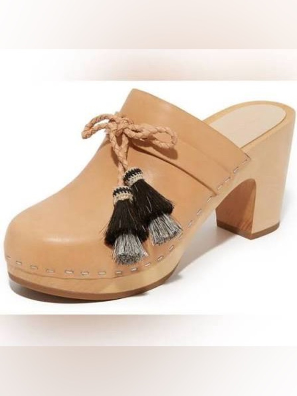 Loeffler randall leather wood clog mule with tassels size 7
